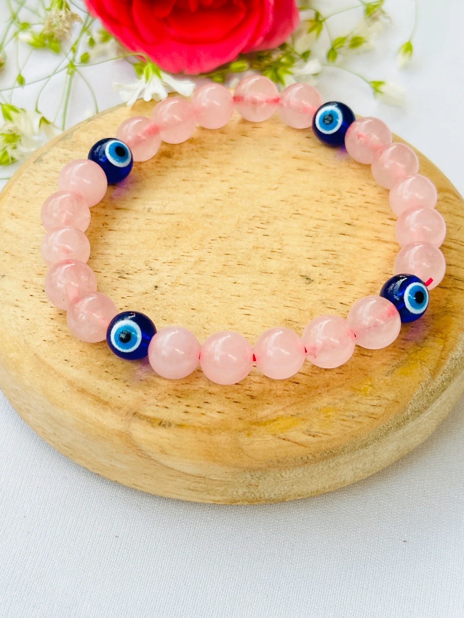 Love and Relationship Protect Bracelet (Rose Quartz with Evil Eye) - Abhimantrit & Certified